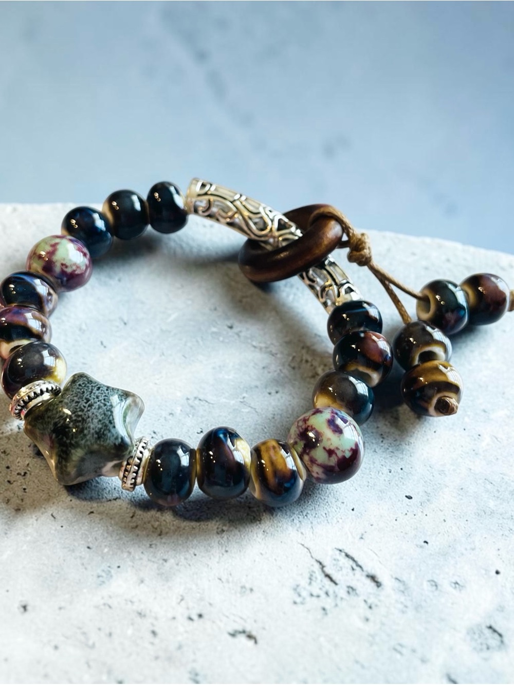 Handmade Multicolor Ceramic Bead Bracelet with Silver Accents Star